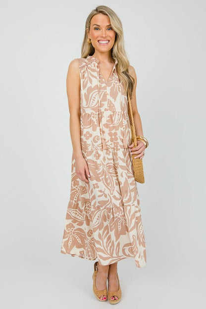 UMGEE Two Tone Floral Midi Dress Latte