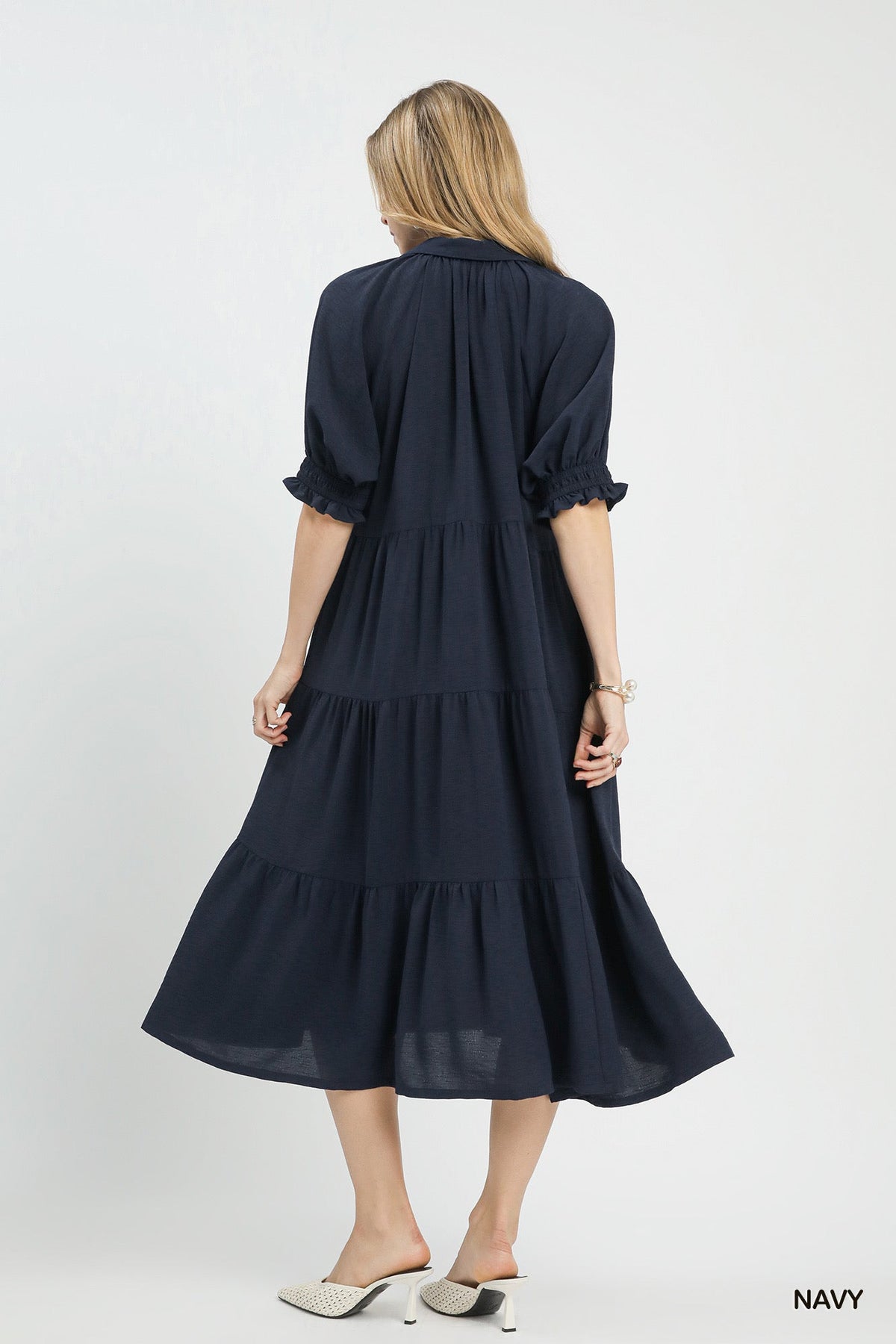 UMGEE Solid Tiered Midi Dress Navy