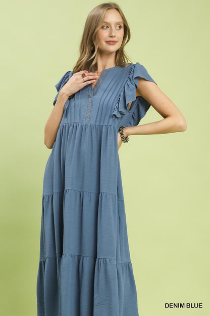 UMGEE Ruffle Sleeve Midi Dress Denim Blue