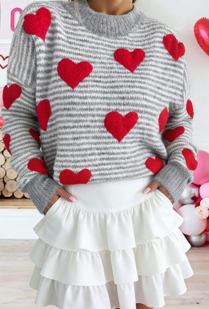 Grey Stripe Heart Sweater