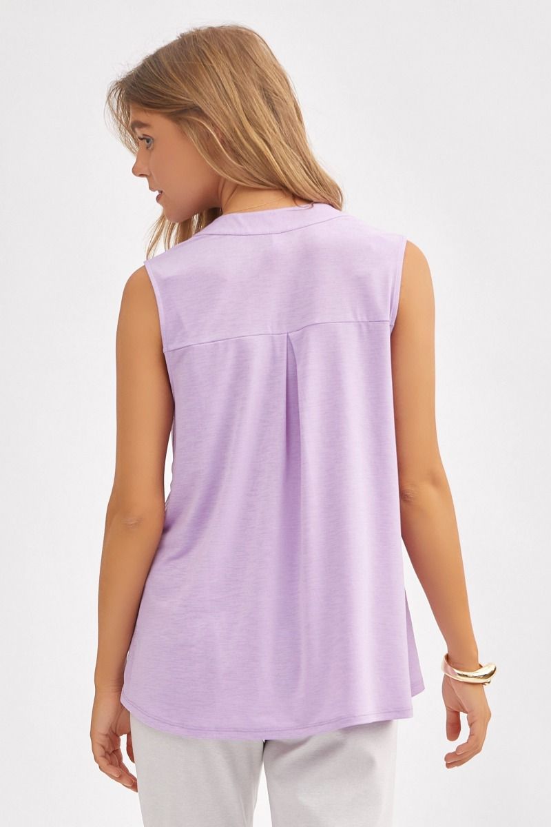 Lizzy Mandarin Collar Split Neck Tank Lilac