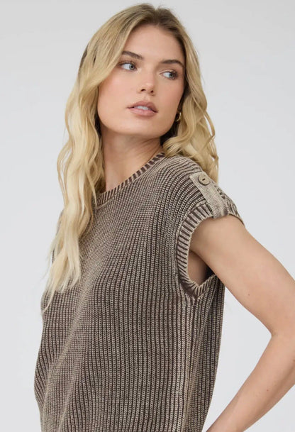 Mineral Washed Button Sweater Top Mocha