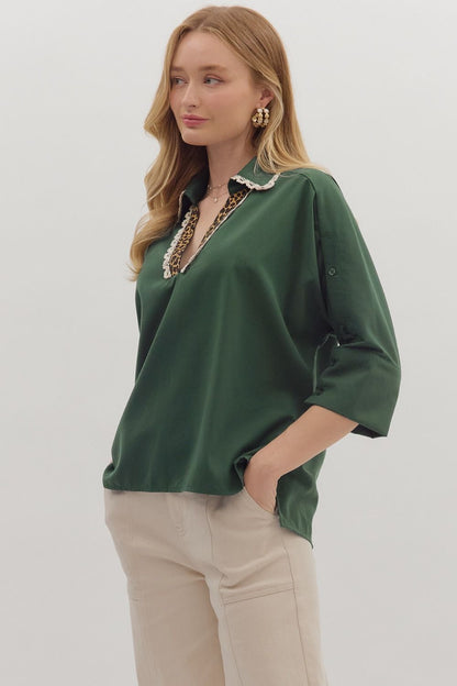 Dark Green Leopard & Lace Collared Top