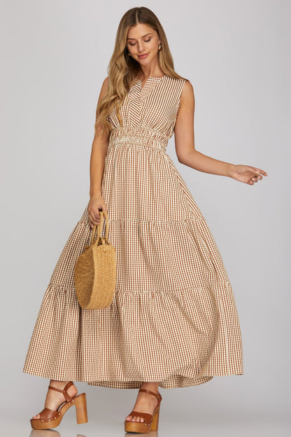 Mocha Gingham Checkered Maxi Dress