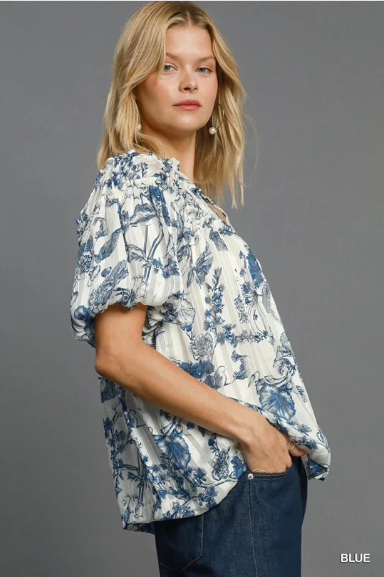 UMGEE Blue Floral Vintage Ruffle Top