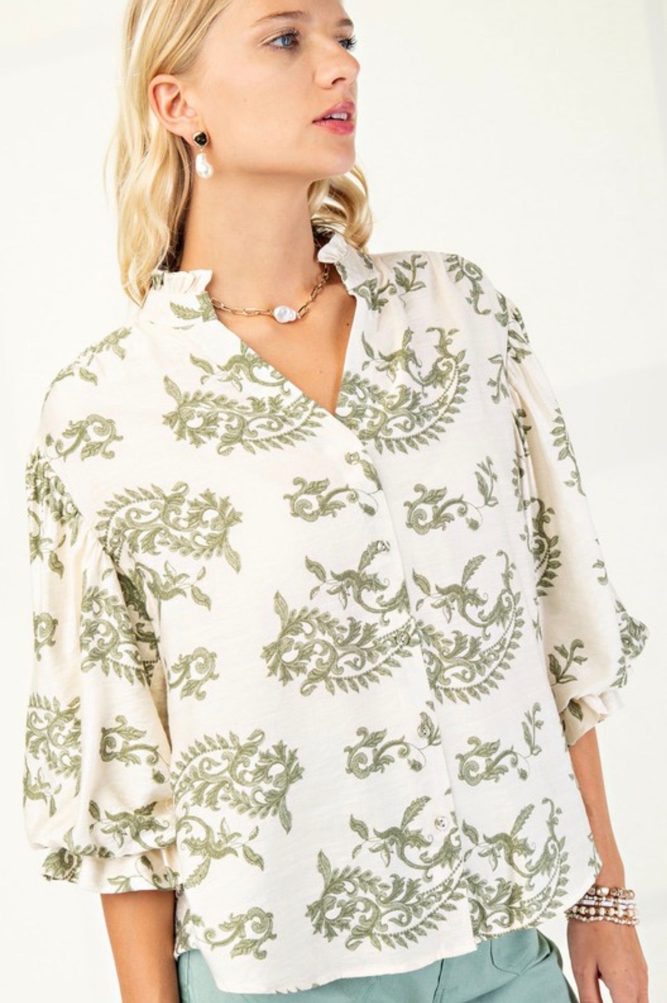 Sage Mix Button Down Top