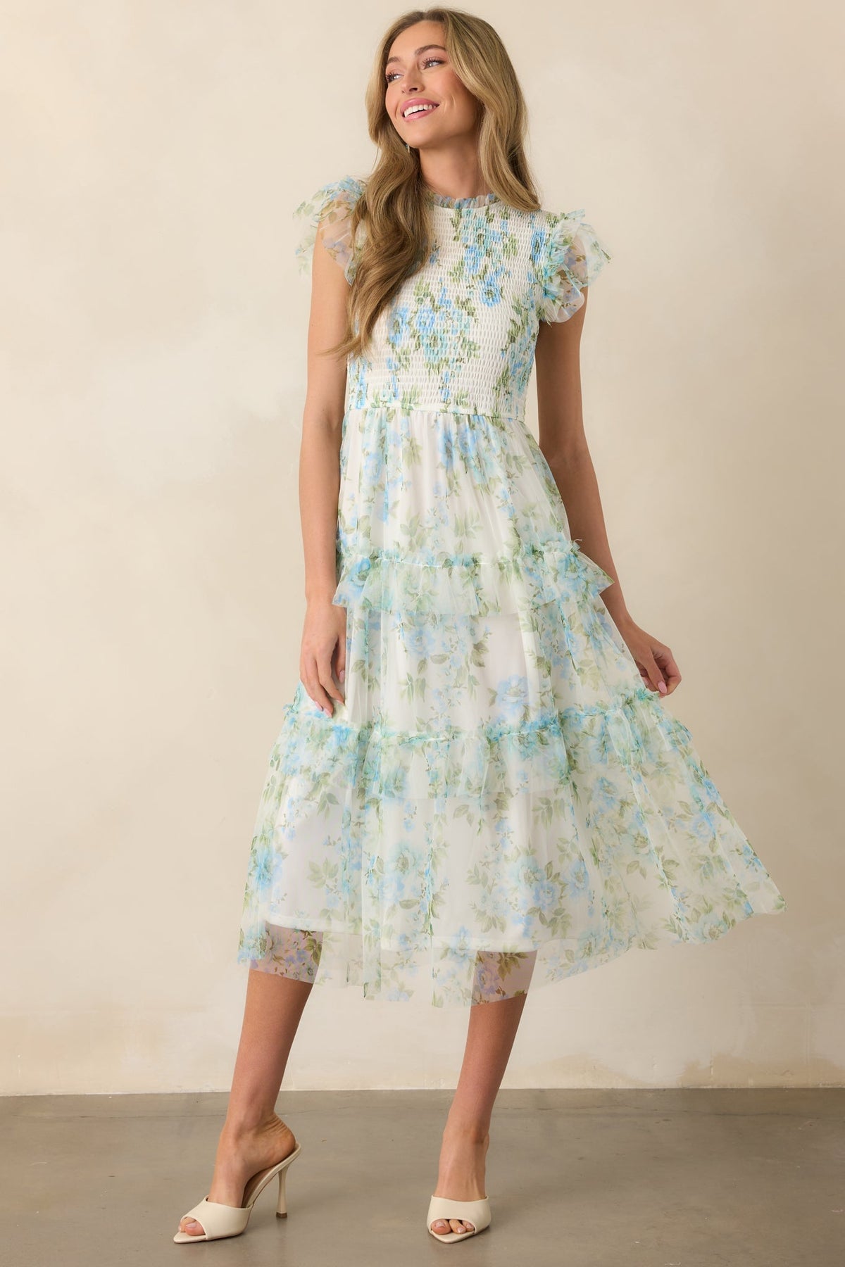 Blue Floral Ruffle Chiffon Dress