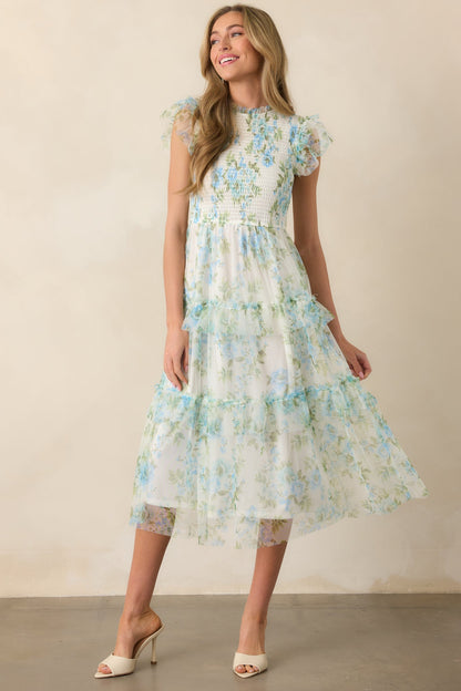 Blue Floral Ruffle Chiffon Dress