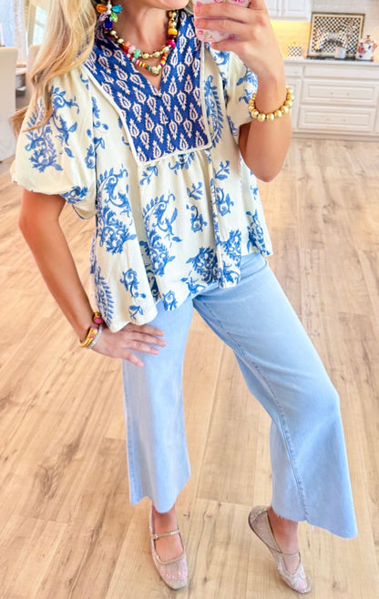 UMGEE Blue Print Boho Puff Sleeve Top