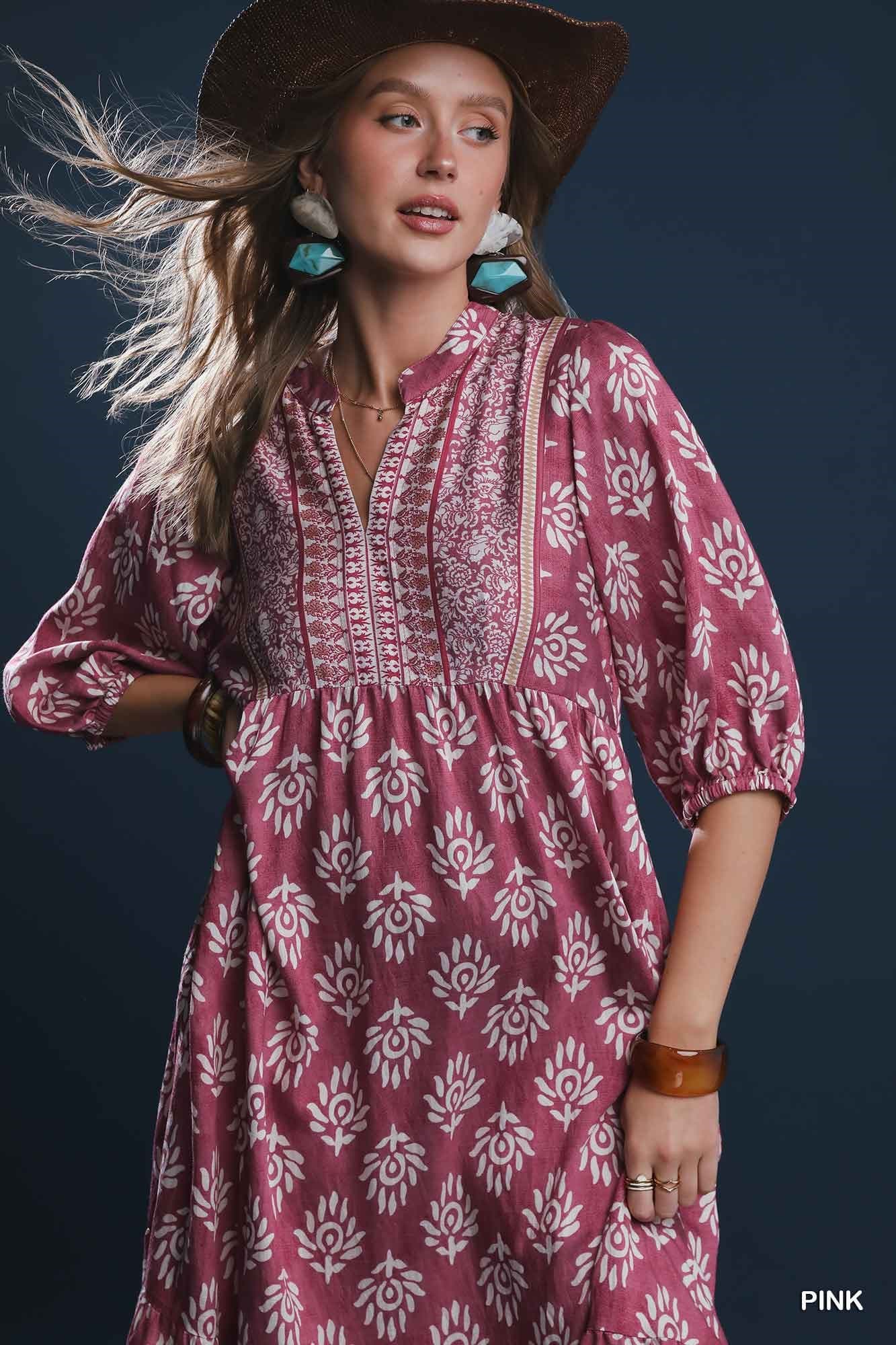 UMGEE Border Print Midi Dress Pink Mix