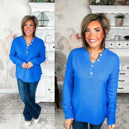 Salem Knit Button Henley Sweater Blue