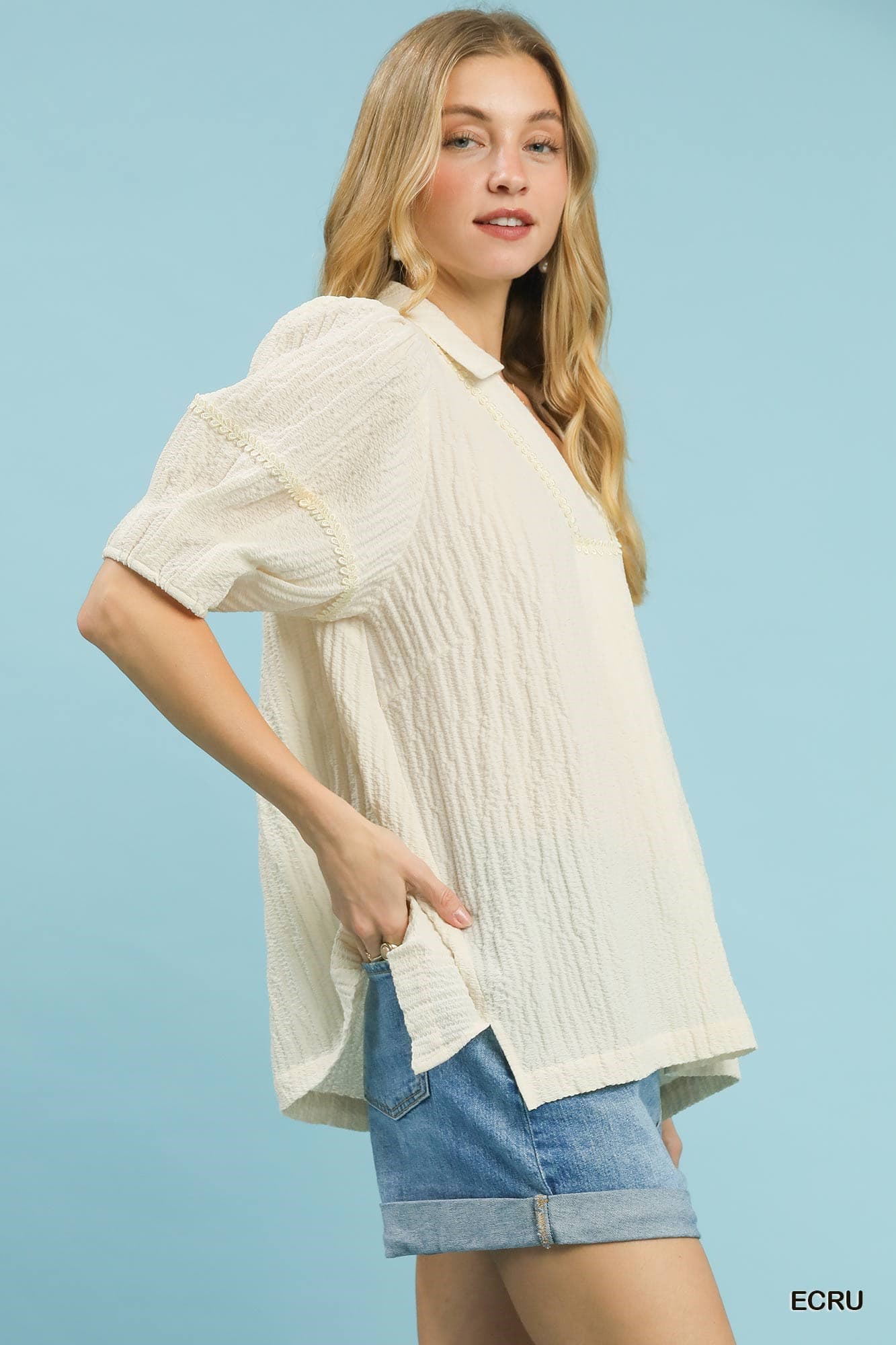UMGEE Textured Lace Trim Top Ecru