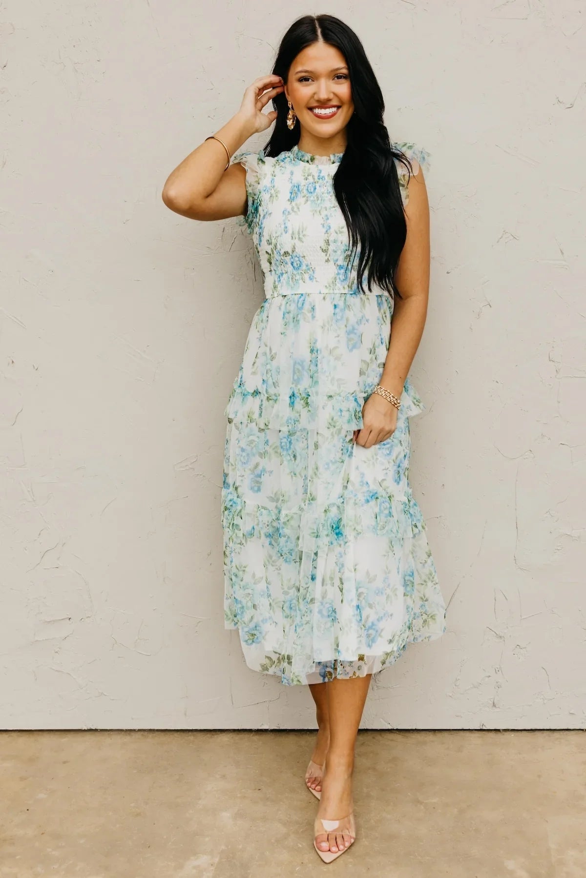 Blue Floral Ruffle Chiffon Dress