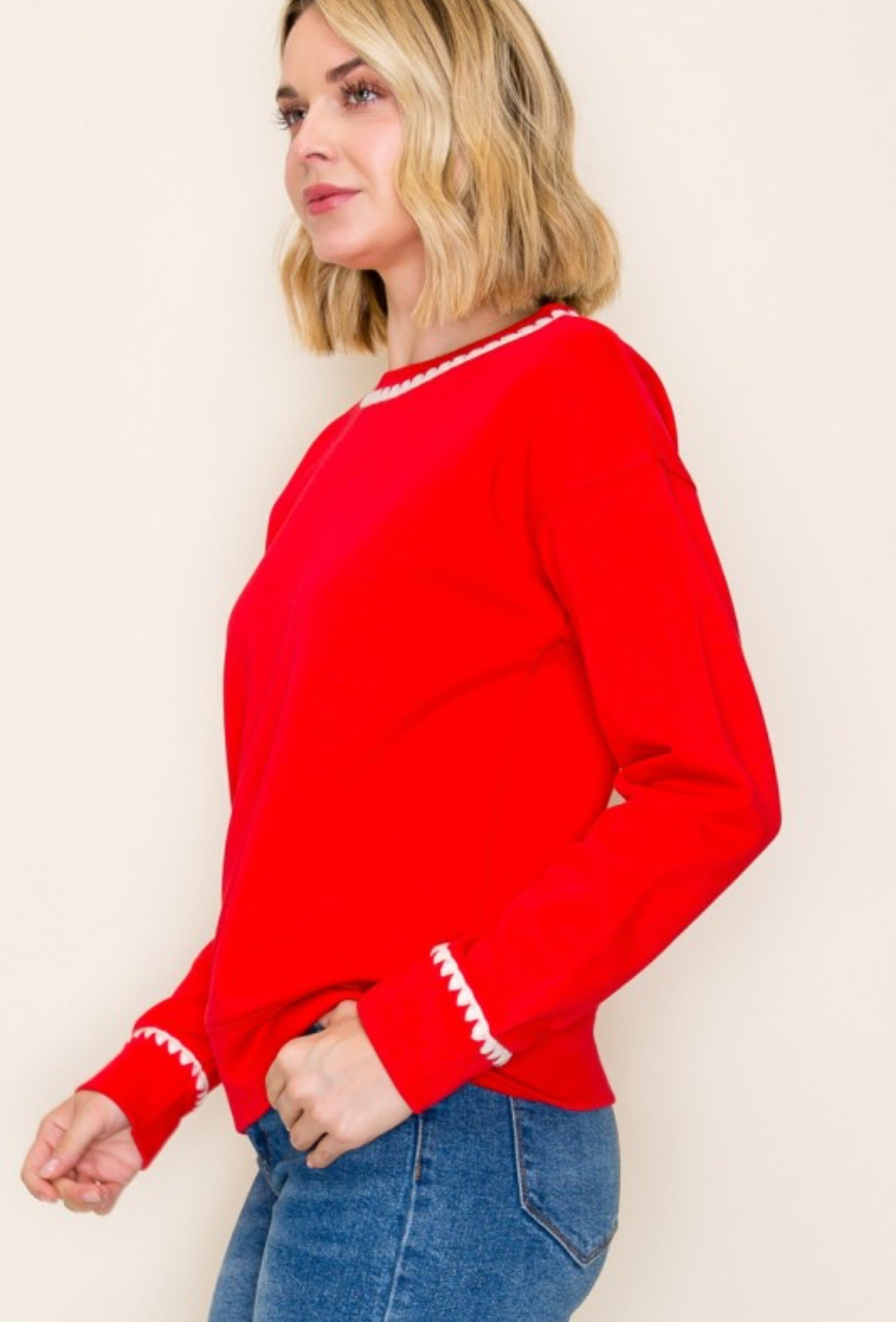 Contrast Stitch Cotton Luxe Sweatshirt Red