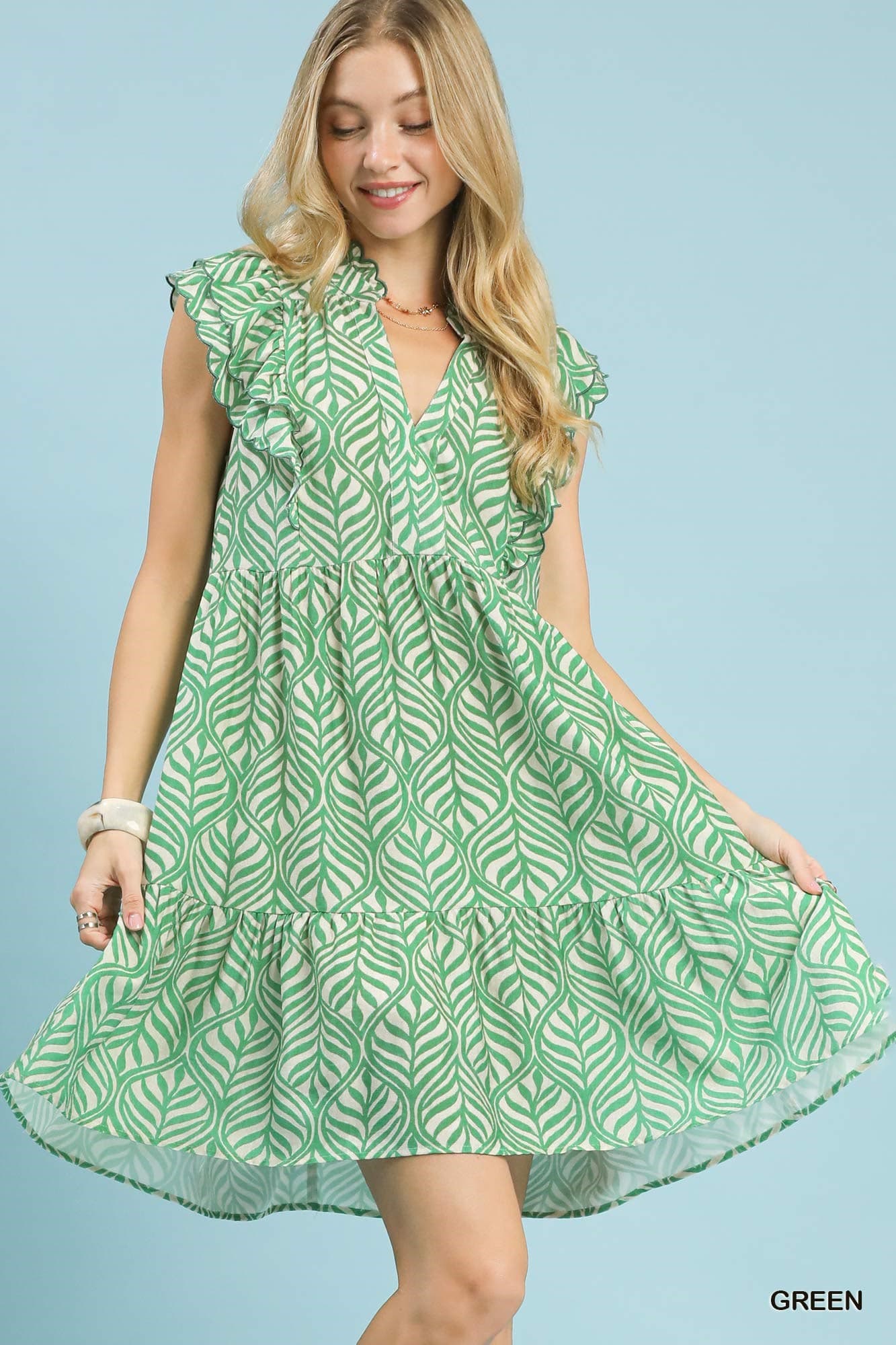 UMGEE Leaf Print Ruffle Shift Dress Green