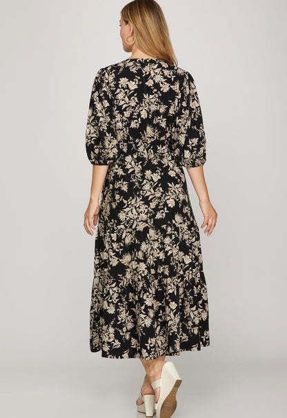 Black & Taupe Floral Midi Dress