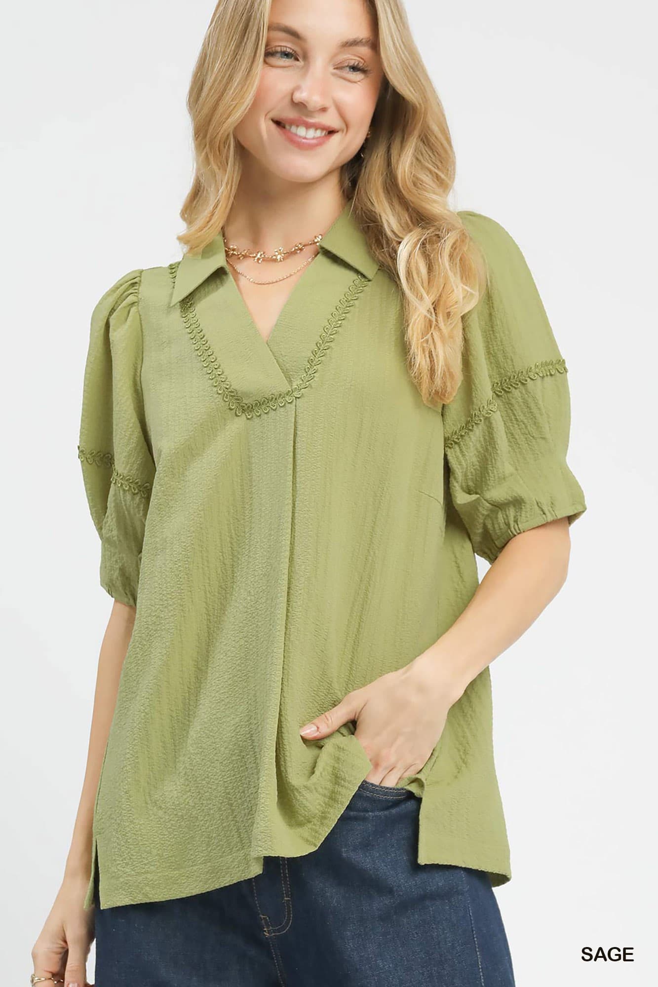 UMGEE Textured Lace Trim Top Sage