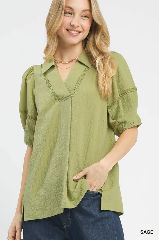 UMGEE Textured Lace Trim Top Sage