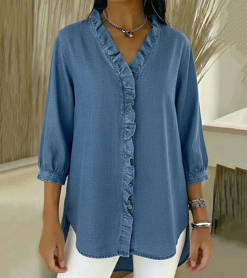 Aelyssa - Soft-Touch Ruffle V-Neck Blouse