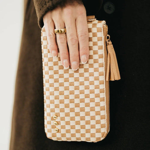 Emma Woven Clutch Wristlet Checker Tan