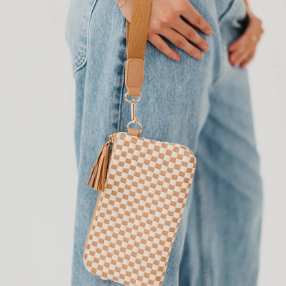 Emma Woven Clutch Wristlet Checker Tan