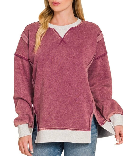 Fleece Washed Contrast Trim Pullover Wine