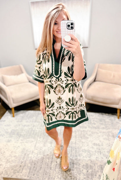 UMGEE Border Print Floral Dress Sage Mix