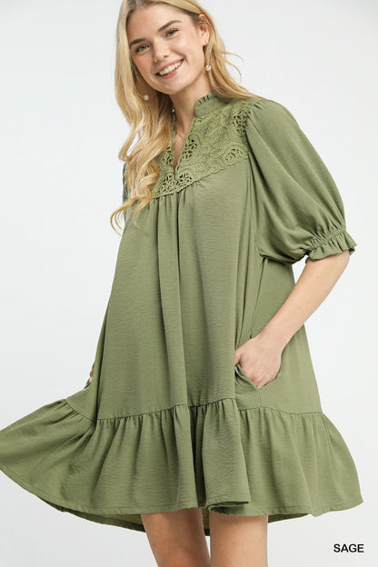 UMGEE Lace Detail Tiered Dress Sage