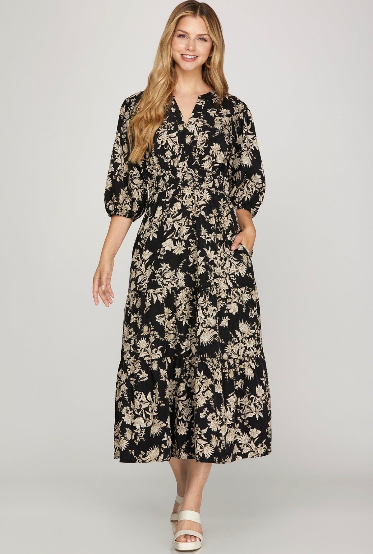 Black & Taupe Floral Midi Dress