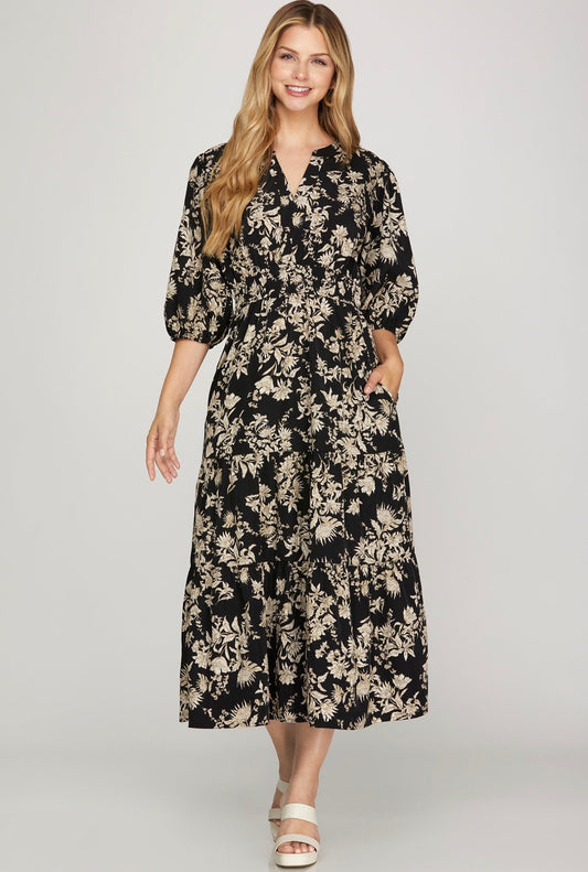 Black & Taupe Floral Midi Dress