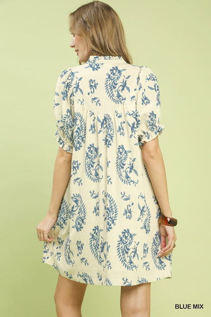 UMGEE Paisley Scallop Trim Dress Blue Mix