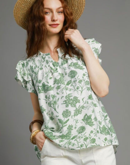 UMGEE Sage Floral Ruffle Sleeve Top