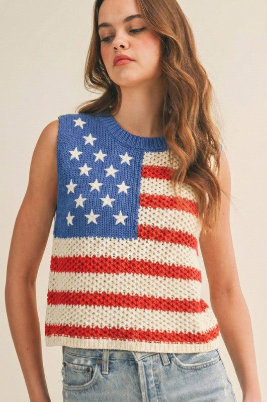 Patriotic Loose Knit American Flag Top