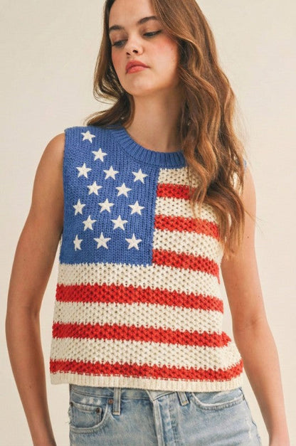 Patriotic Loose Knit American Flag Top