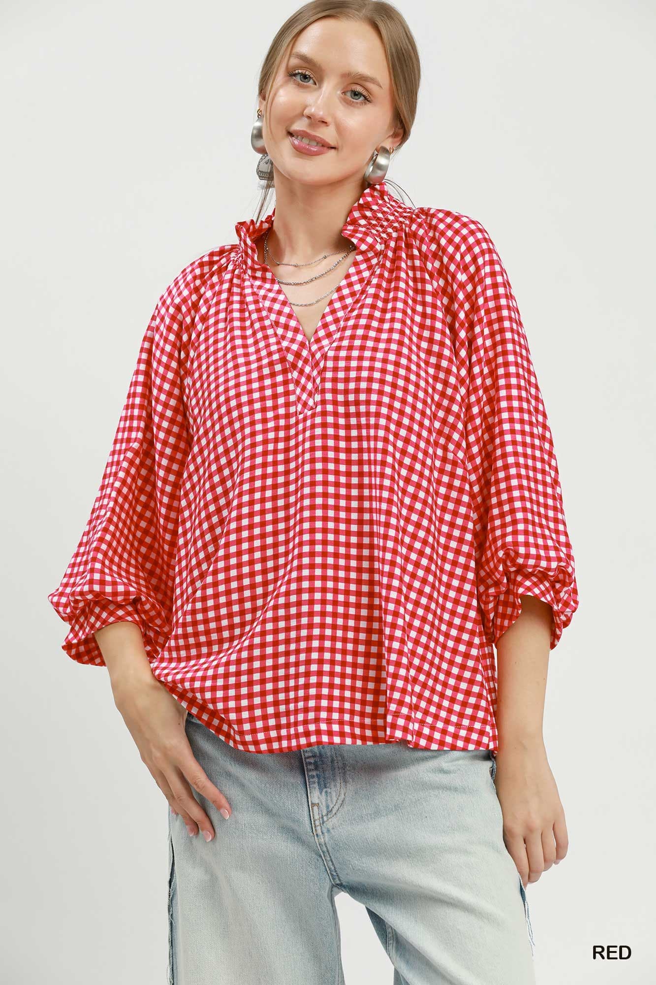 UMGEE Gingham Check Puff Sleeve Top