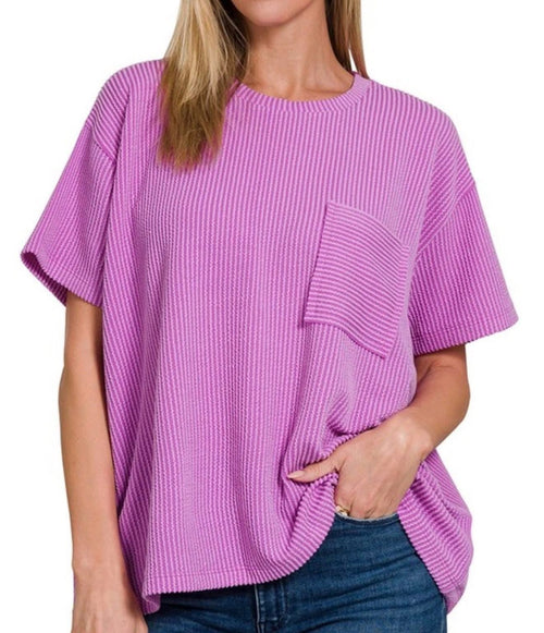 Corded Ribbed Knit Pocket Top Violet