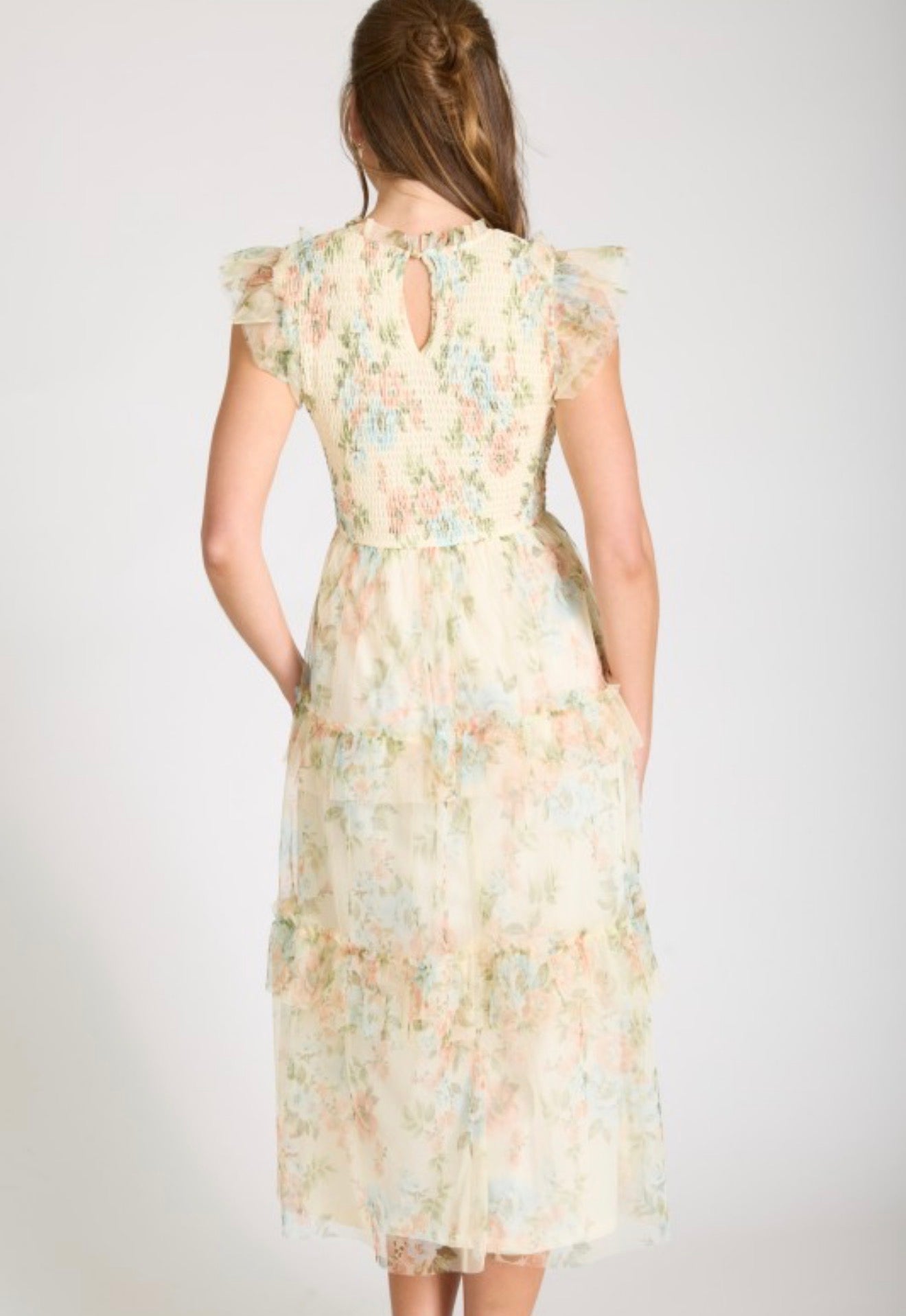 Pale Yellow Floral Ruffle Chiffon Dress