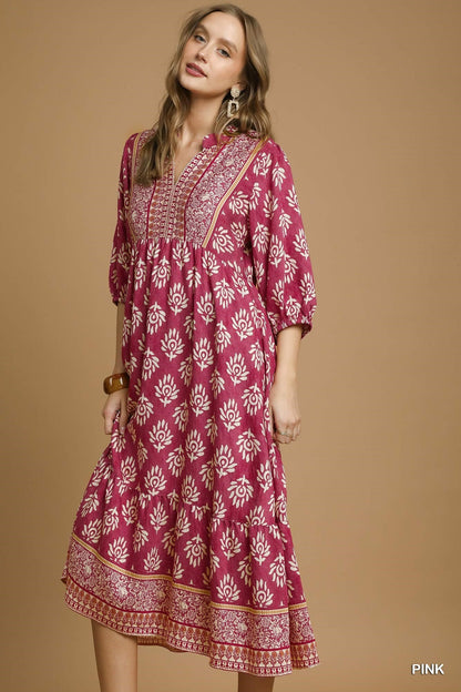 UMGEE Border Print Midi Dress Pink Mix