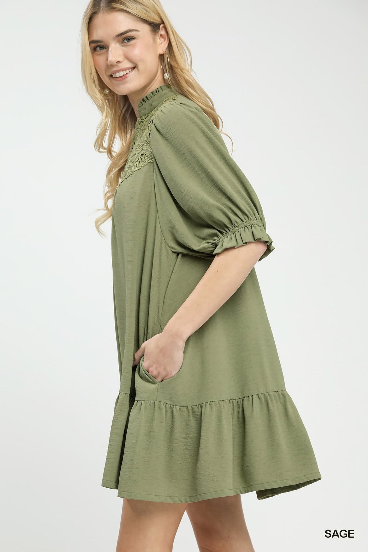UMGEE Lace Detail Tiered Dress Sage