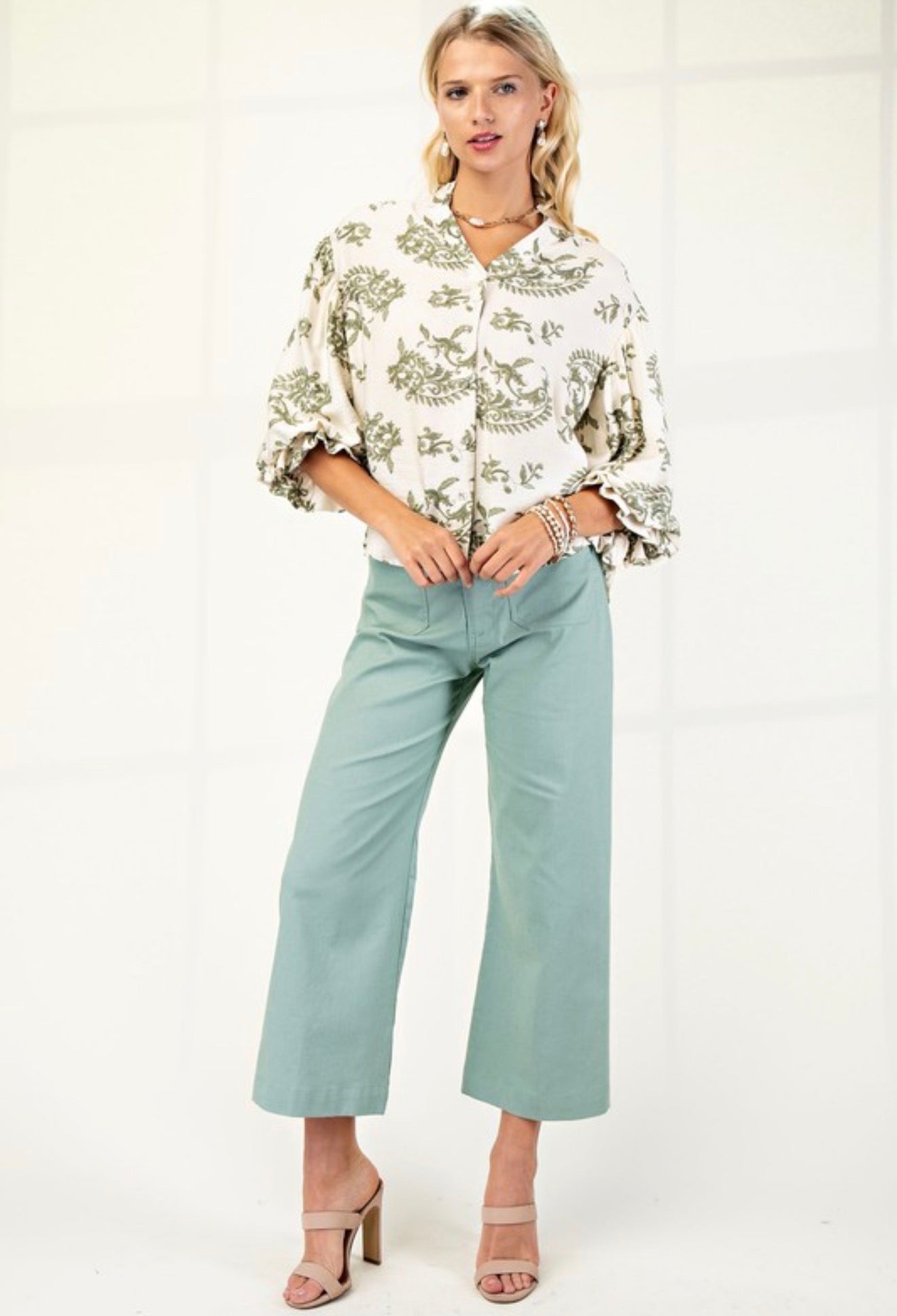 Sage Mix Button Down Top