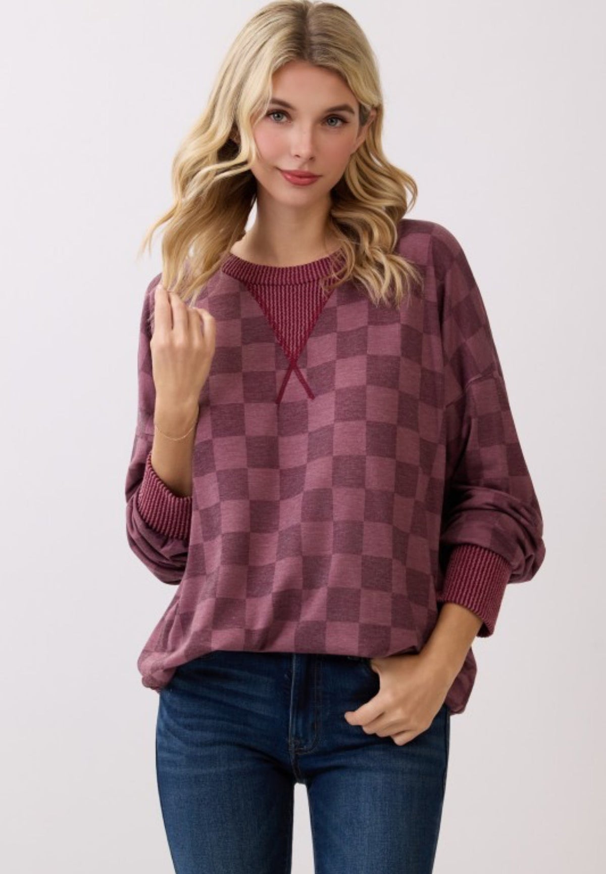 Checkered Pullover Top Vintage Burgundy