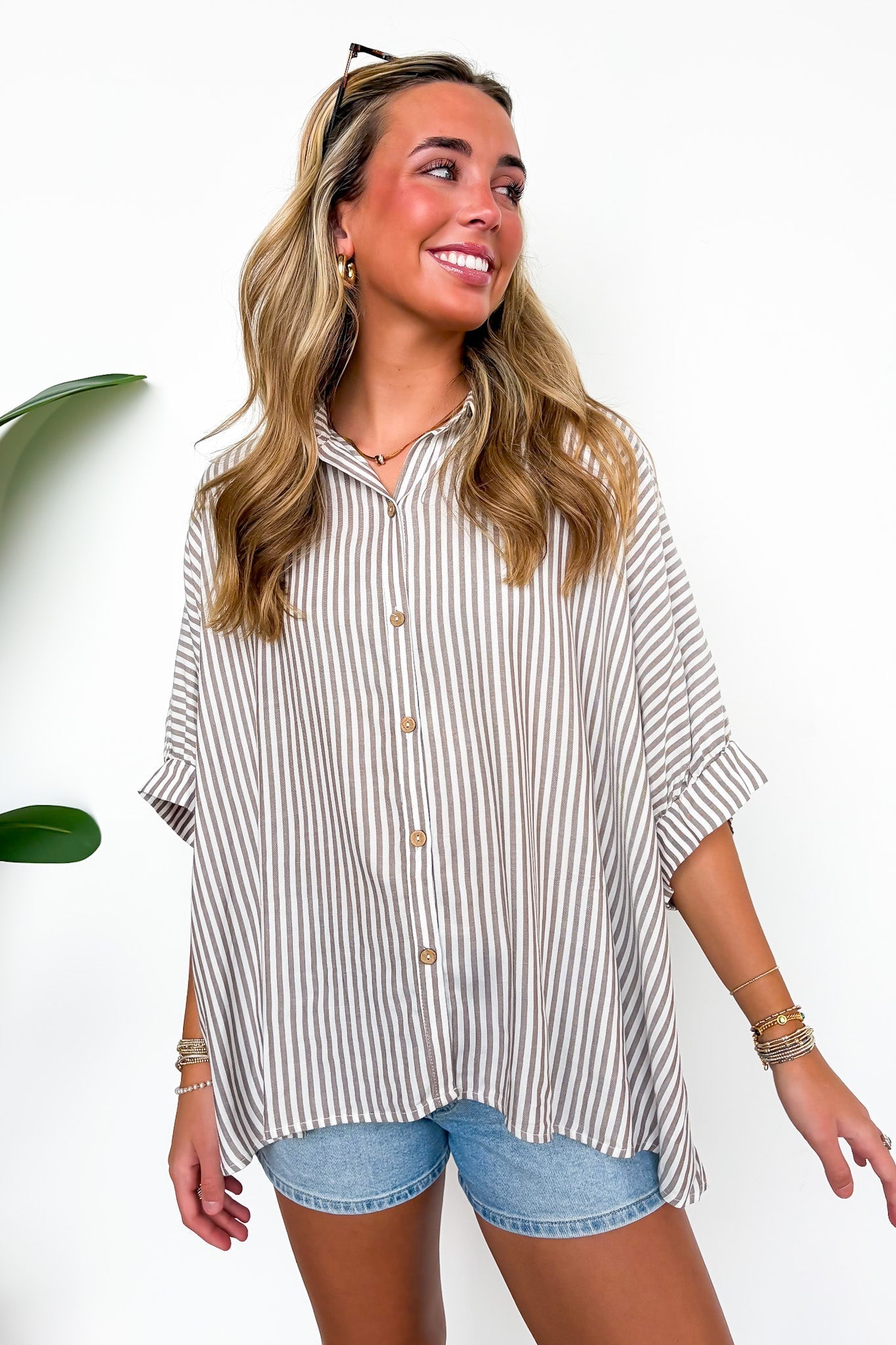 Lucky Stripes Oversized Button Up Mocha Stripe