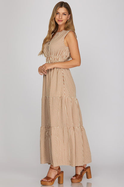 Mocha Gingham Checkered Maxi Dress
