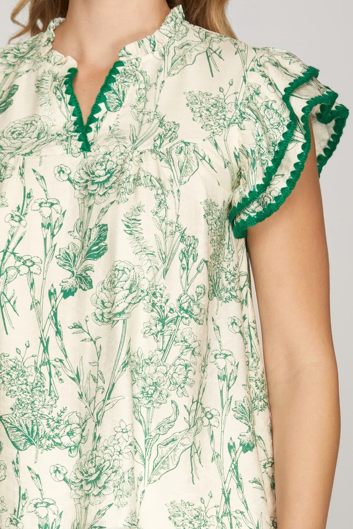 Ruffle Sleeve Floral Top Green Mix