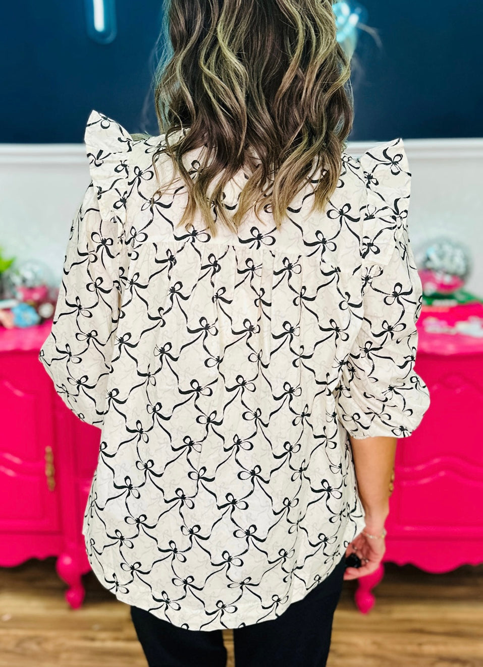 UMGEE Black & Cream Bow Quarter Sleeve Top