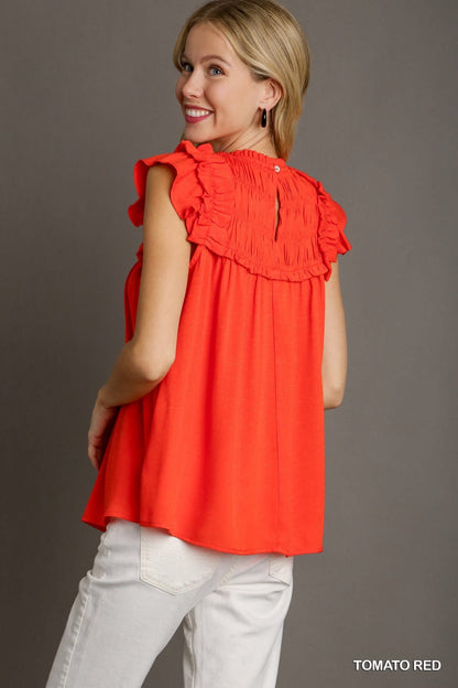 UMGEE Ruffle Sleeve Top Coral Red
