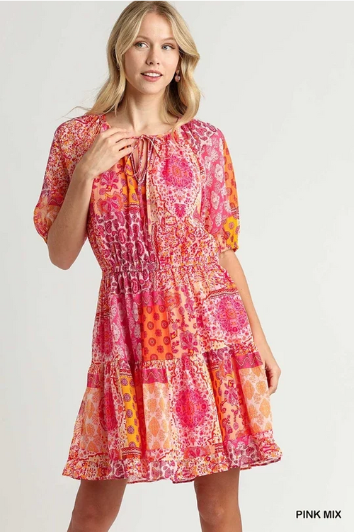 UMGEE Metallic Boho Multi Print Dress Pink Mix