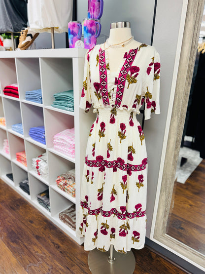 Magenta Floral Print Midi Dress