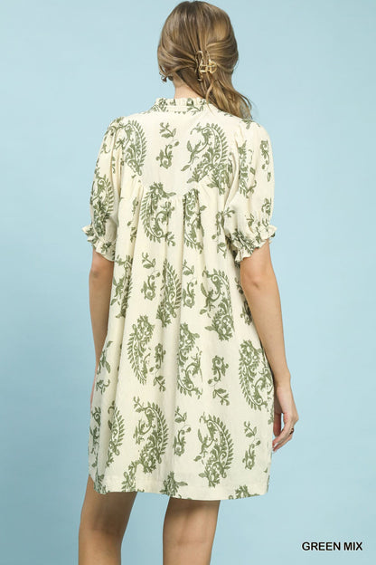 UMGEE Paisley Scallop Trim Dress Green Mix