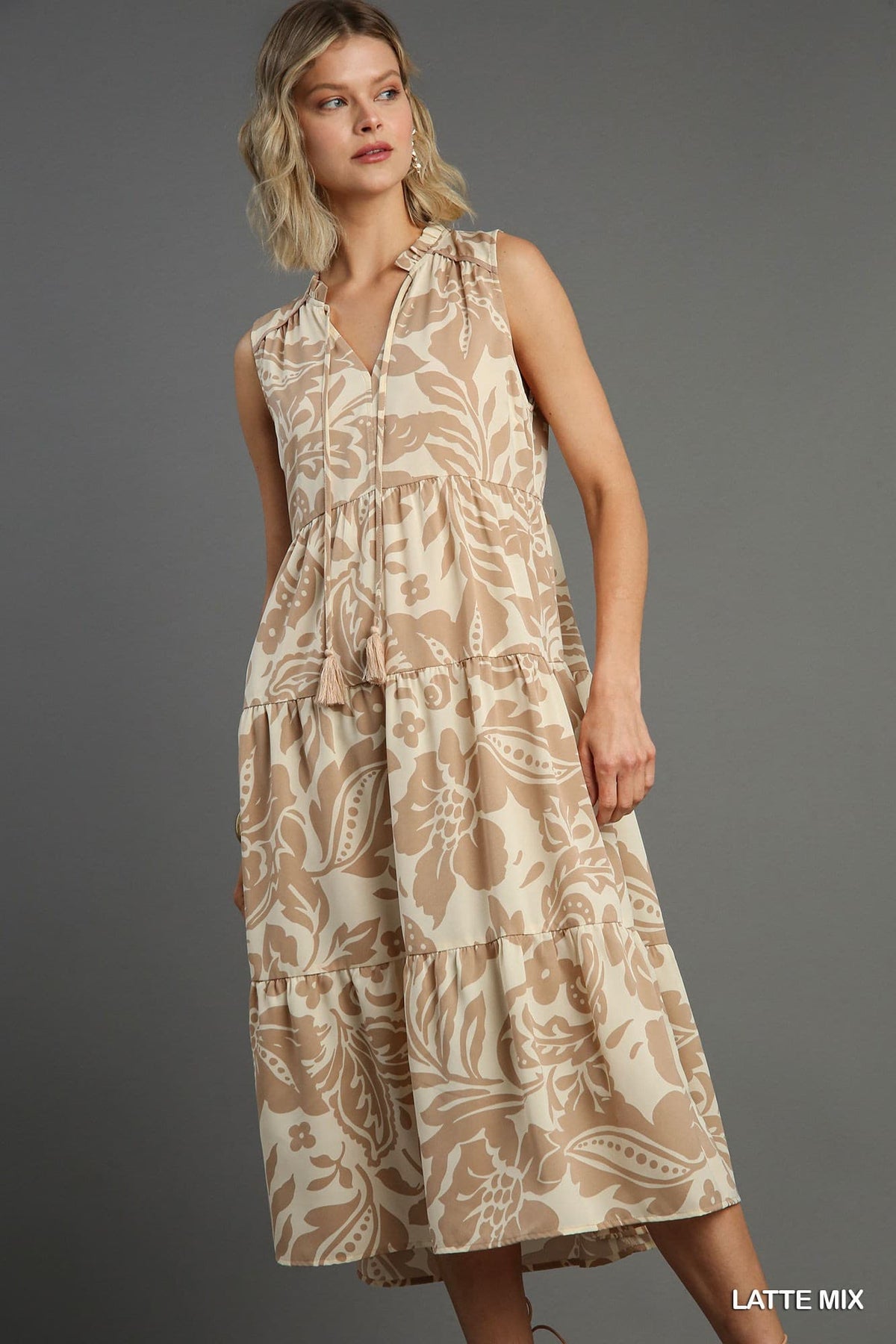 UMGEE Two Tone Floral Midi Dress Latte